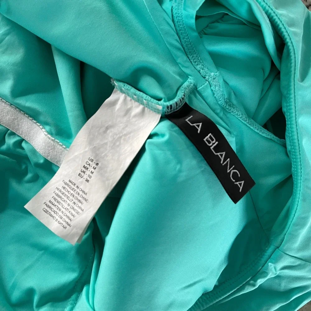 La Blanca One Piece Swimsuit Women 6 Teal‎ Ruffle Off Shoulder Ruched Lace Back